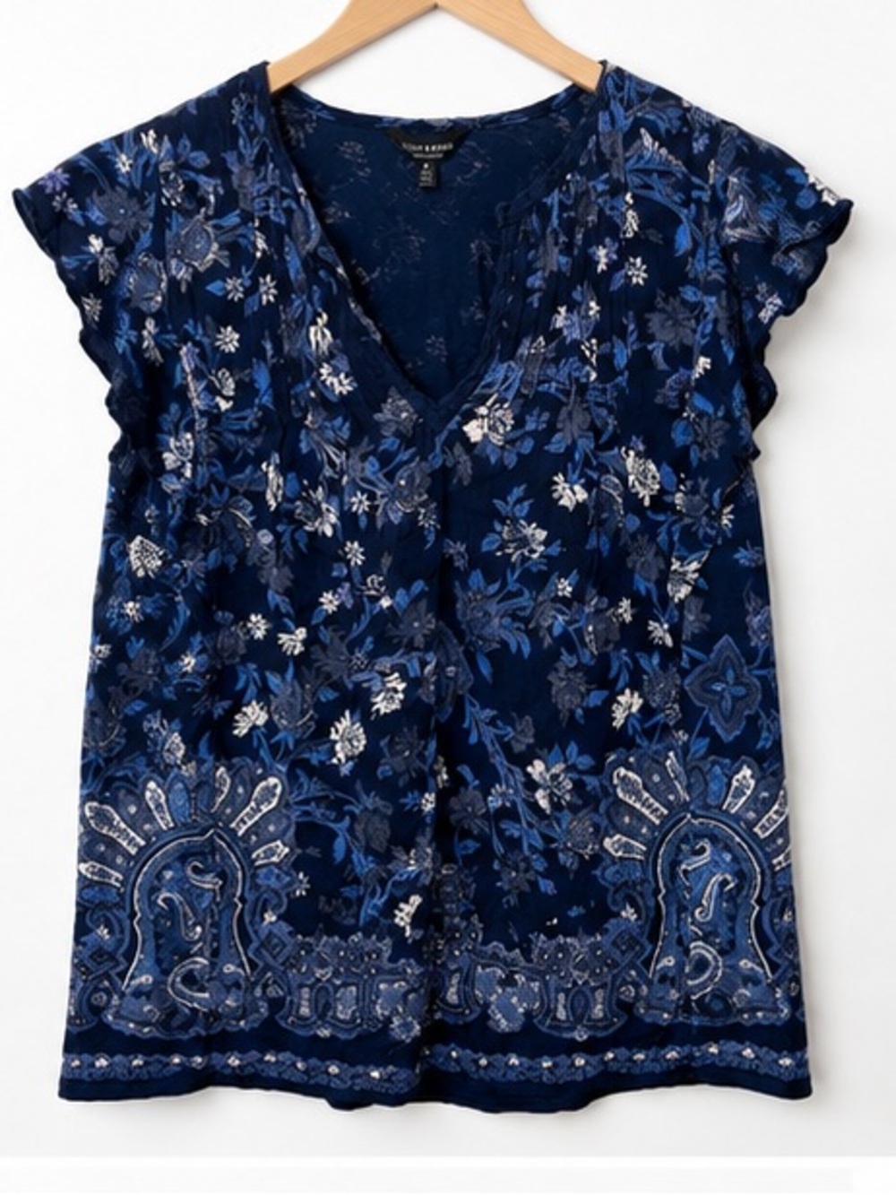 Lucky Brand Navy Blue Floral Ruffle Sleeve Tee